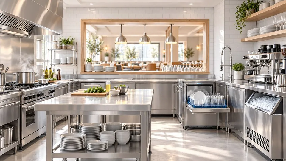 A bright restaurant kitchen with spotless dishwasher, ice machine and espresso machine
