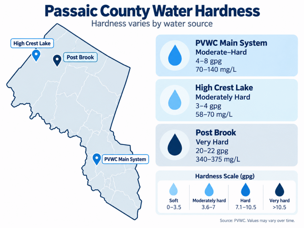 Hard water in North Jersey varies by local water source and geology.